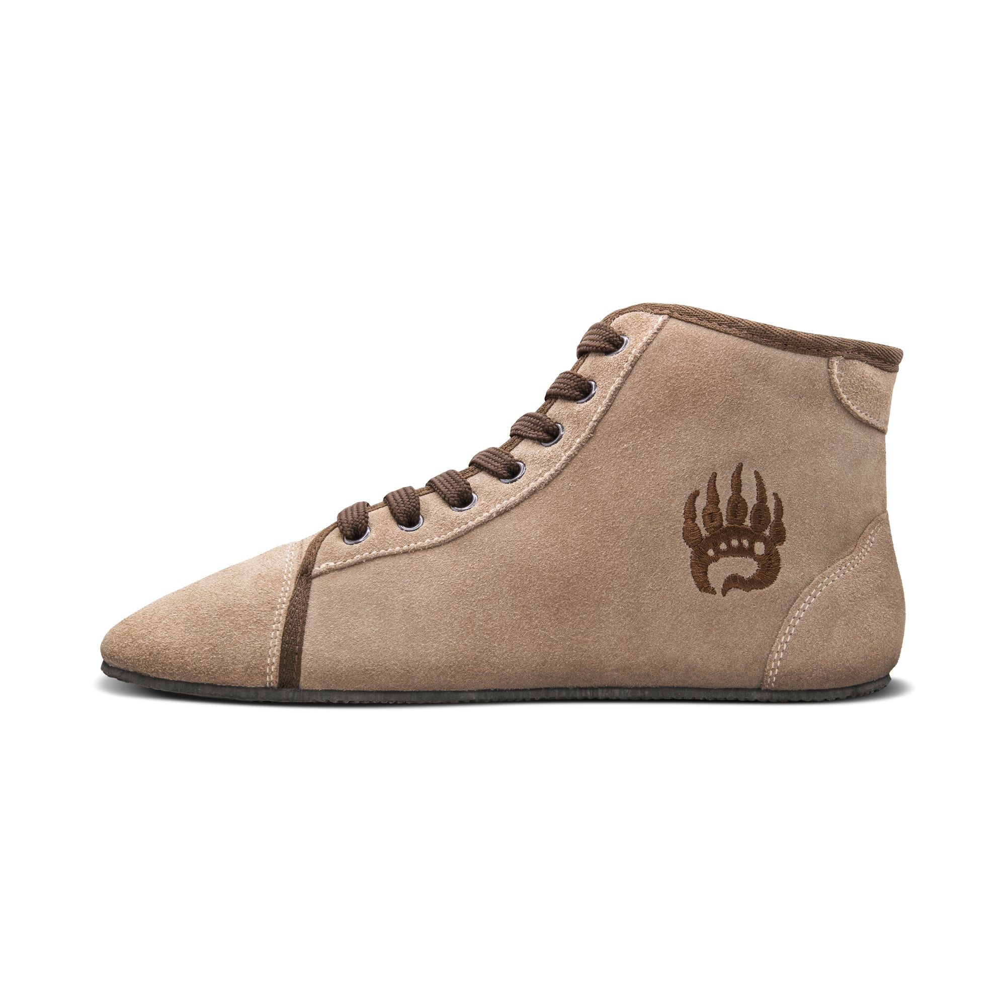 A beige Bearfoot Badland High-Top training sneaker with brown laces and a small brown bear paw logo on the side.