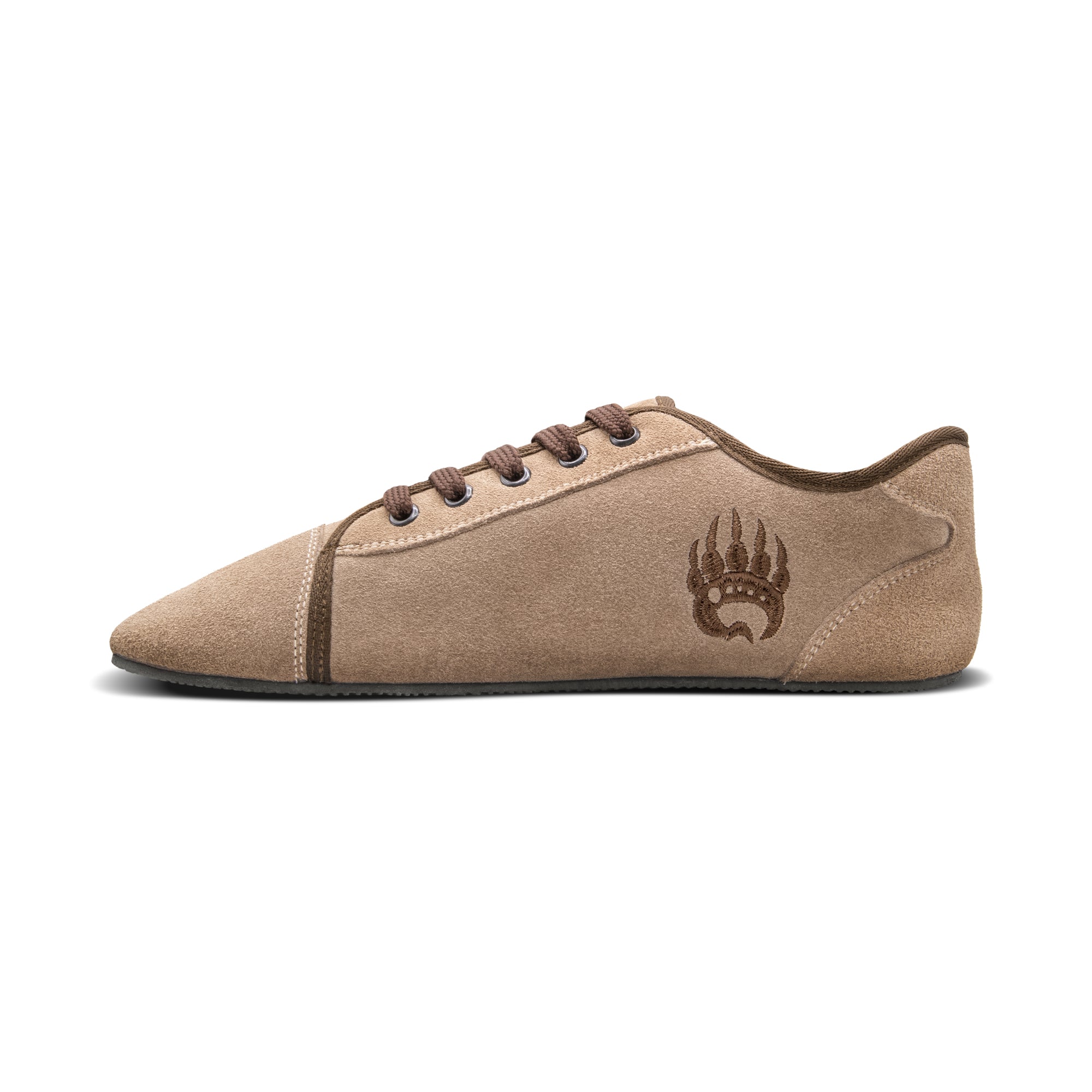 A side view of a light brown genuine suede leather Ursus Suede training sneaker with a dark brown Bearfoot logo on the side, featuring a laced-up front and a sleek design.