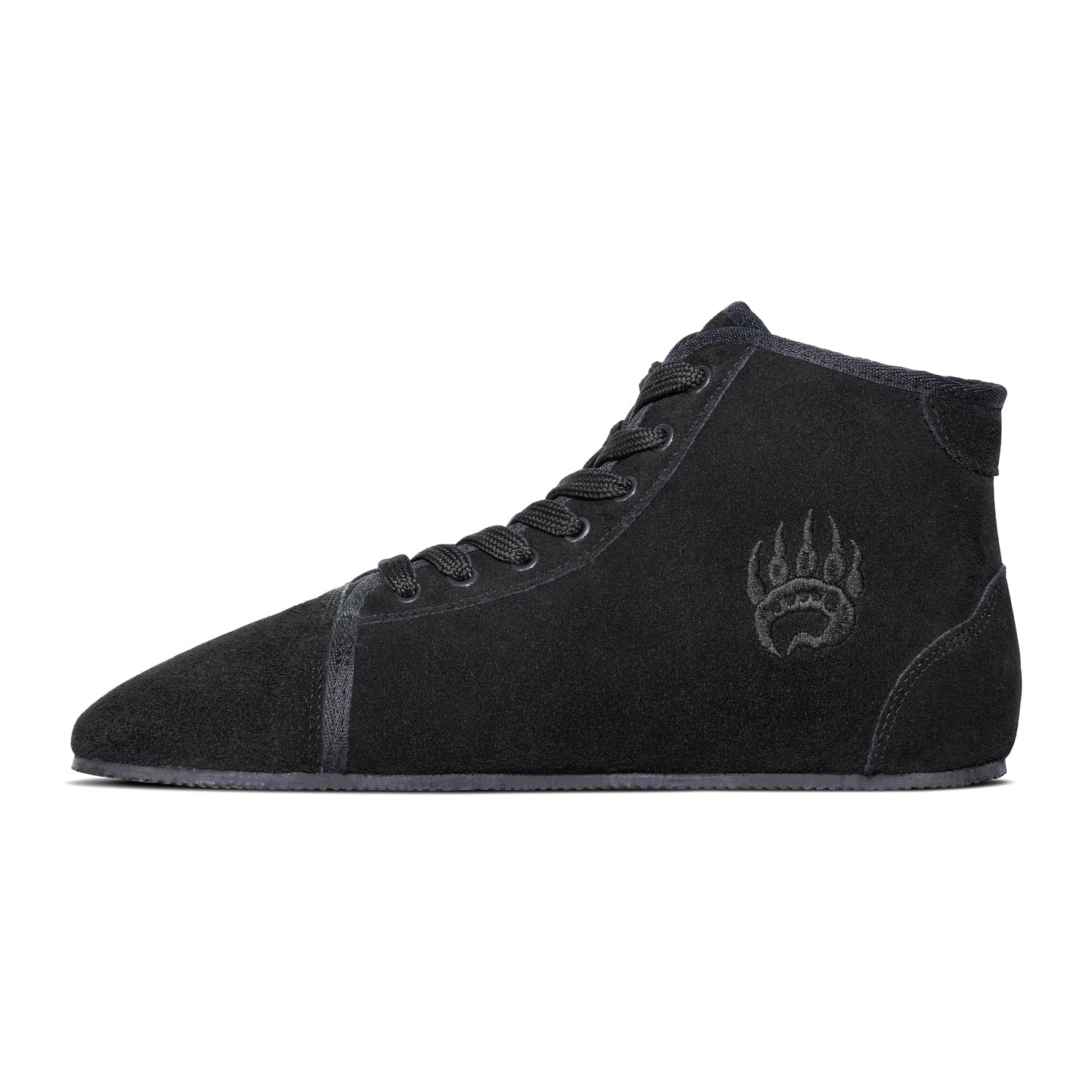 Side profile of the Bearfoot Ursus Suede High-Top, a training sneaker in charcoal black with laces and a unique, bear paw logo imprinted near the ankle area.