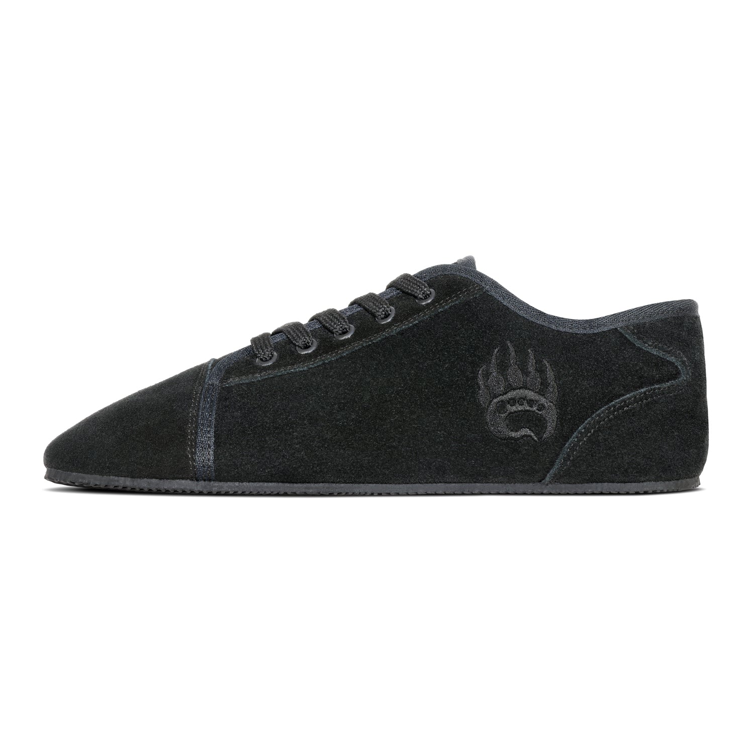 Side view of a dark gray Bearfoot Ursus Suede low-top sneakers with black laces and a distinct logo on the side, designed for strength athletes.