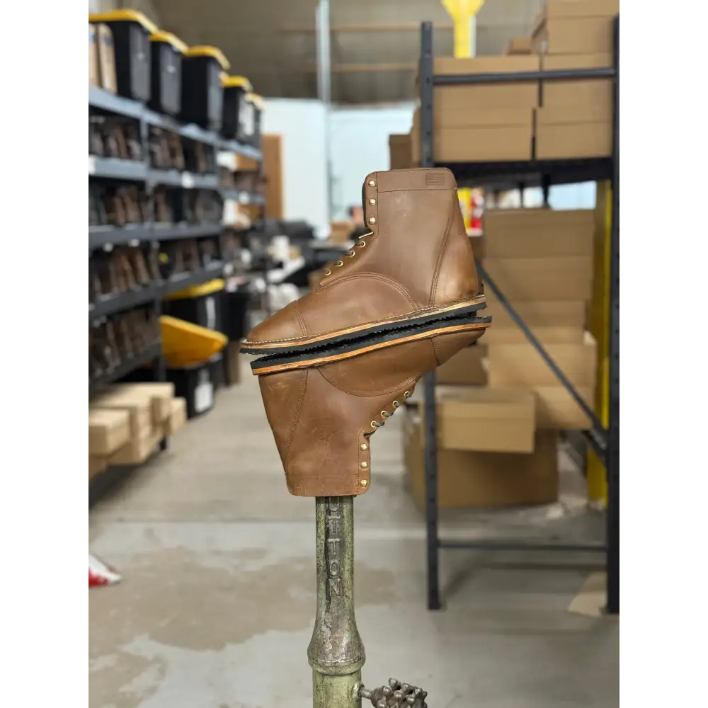 Bearly Used Footwear brown leather work boot with brass eyelets, minor imperfections
