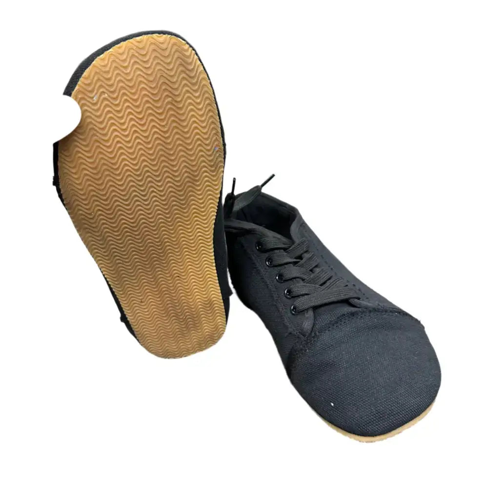 Bearly Used Footwear black canvas lace-up shoes with tan wavy sole, minor imperfections
