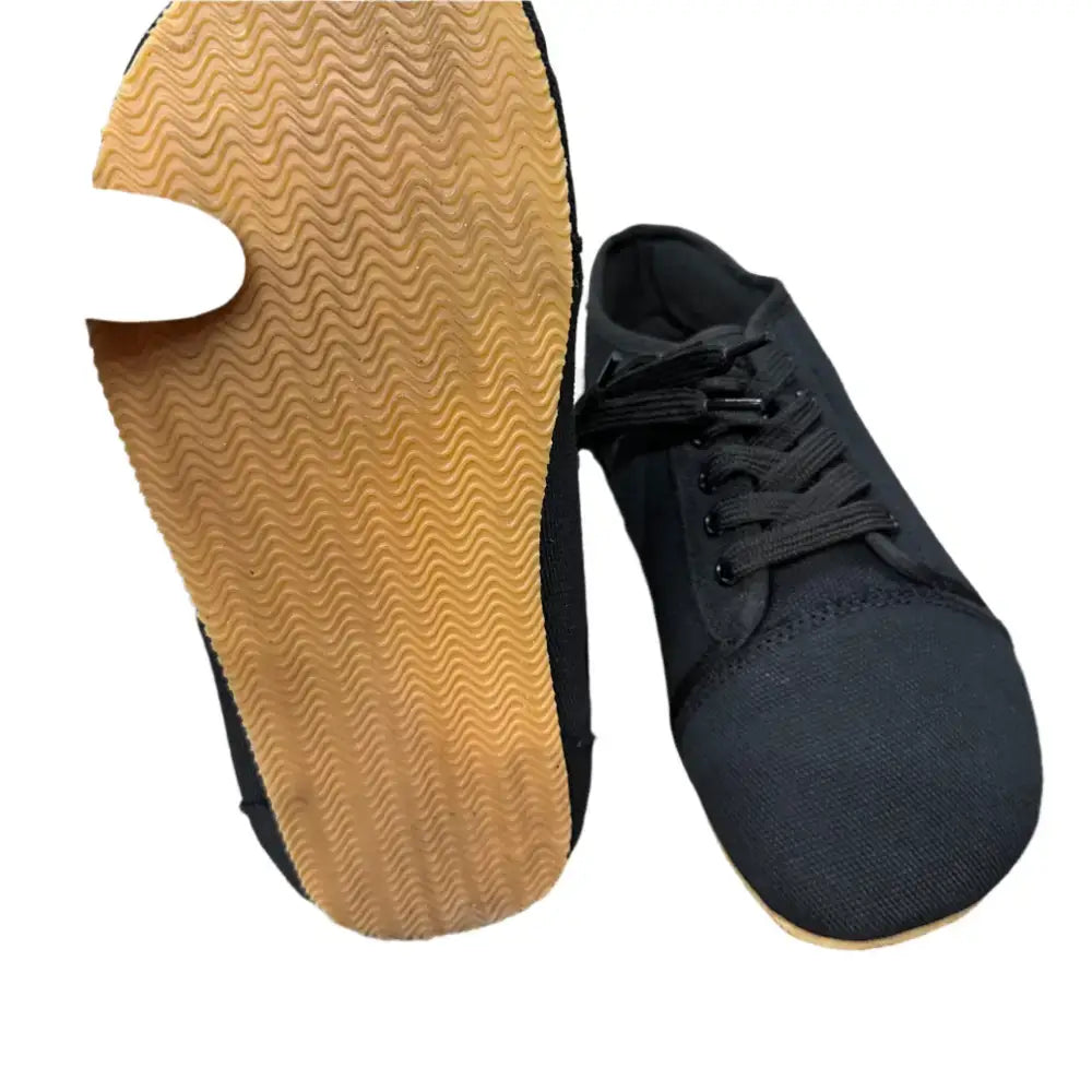 Black canvas lace-up dance shoe with tan wavy sole, Barely Used Footwear