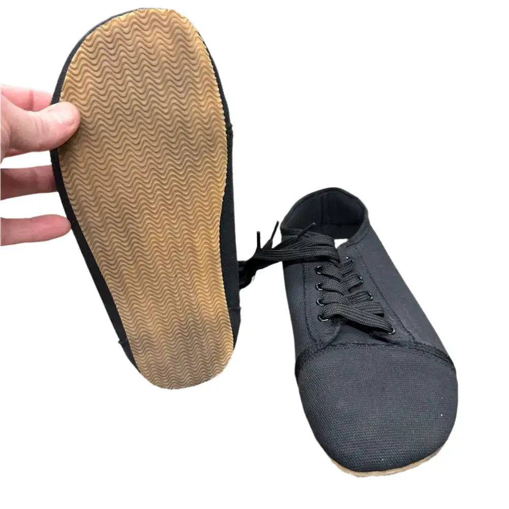 Black canvas lace-up dance shoe with tan wavy sole, Barely Used Footwear