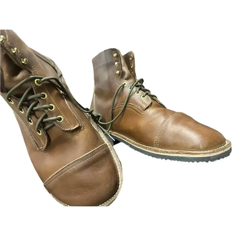 Brown leather work boots with olive green laces, brass eyelets, minor imperfections, Barely Used Footwear