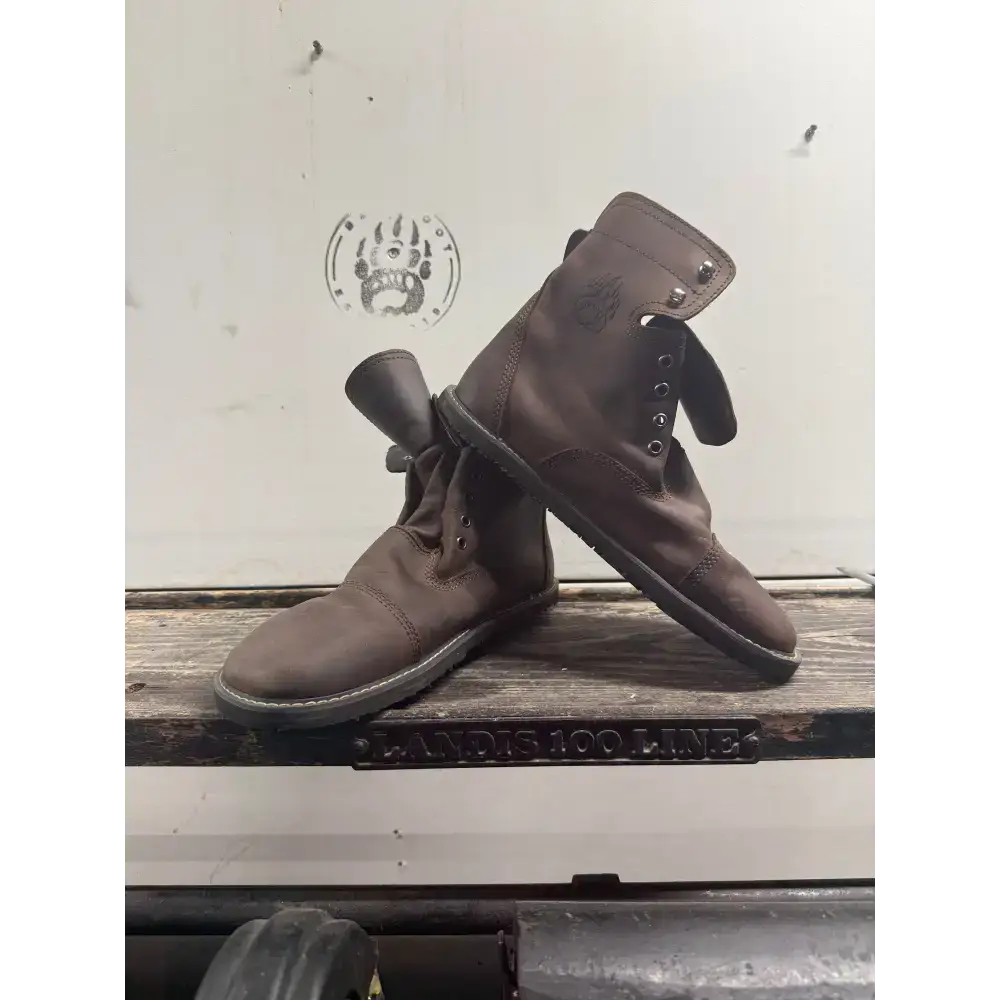 Brown leather work boots with black laces, minor imperfections, Bearly Used Footwear