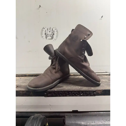 Brown leather work boots with black laces, minor imperfections, Bearly Used Footwear