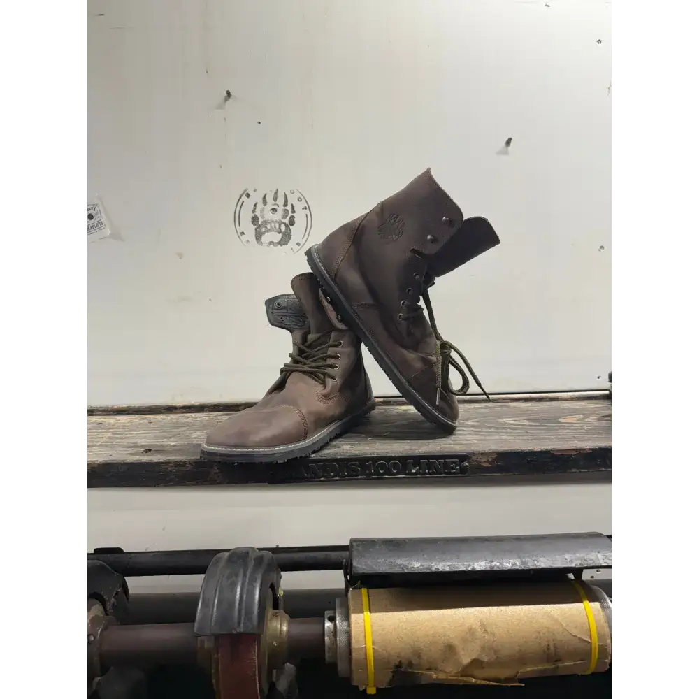 Brown leather work boots with laces from Barely Used Footwear, minor imperfections