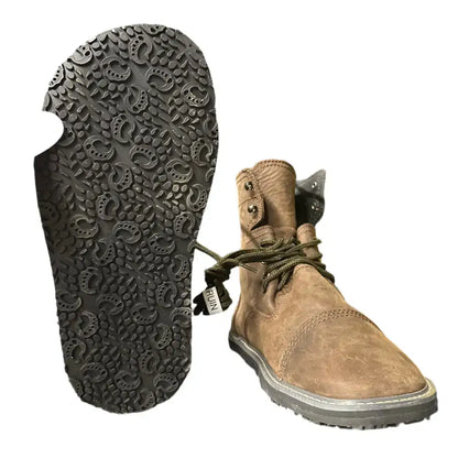 Brown suede ankle boot with olive green laces, rugged black sole, minor imperfections, Barely Used Footwear