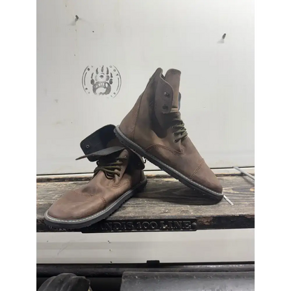 Brown suede high-top boots with green laces, minor imperfections, Barely Used Footwear