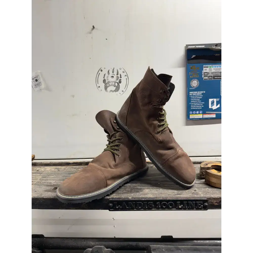 Brown suede lace-up boots with green laces, black sole from Barely Used Footwear
