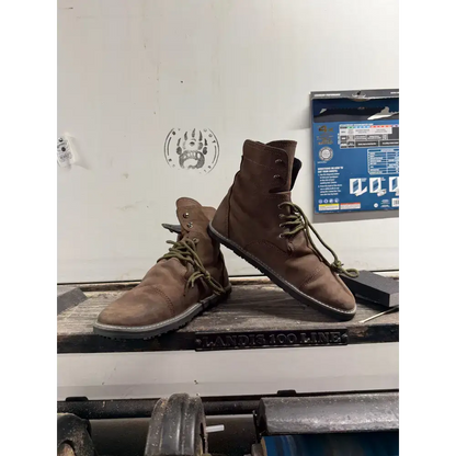 Brown suede lace-up boots with dark green laces from Bearly Used Footwear