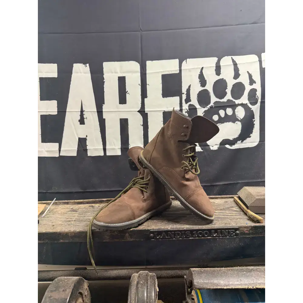 Brown suede lace-up work boots with olive laces from Barely Used Footwear
