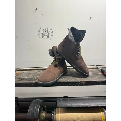 Brown suede leather work boots with green laces from Barely Used Footwear