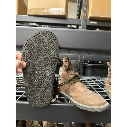 Brown suede work boot from Barely Used Footwear with olive laces, black paisley sole