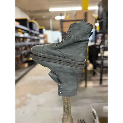Dark gray leather work boot with stitched toe cap, embossed paw logo, minor imperfections, Barely Used Footwear