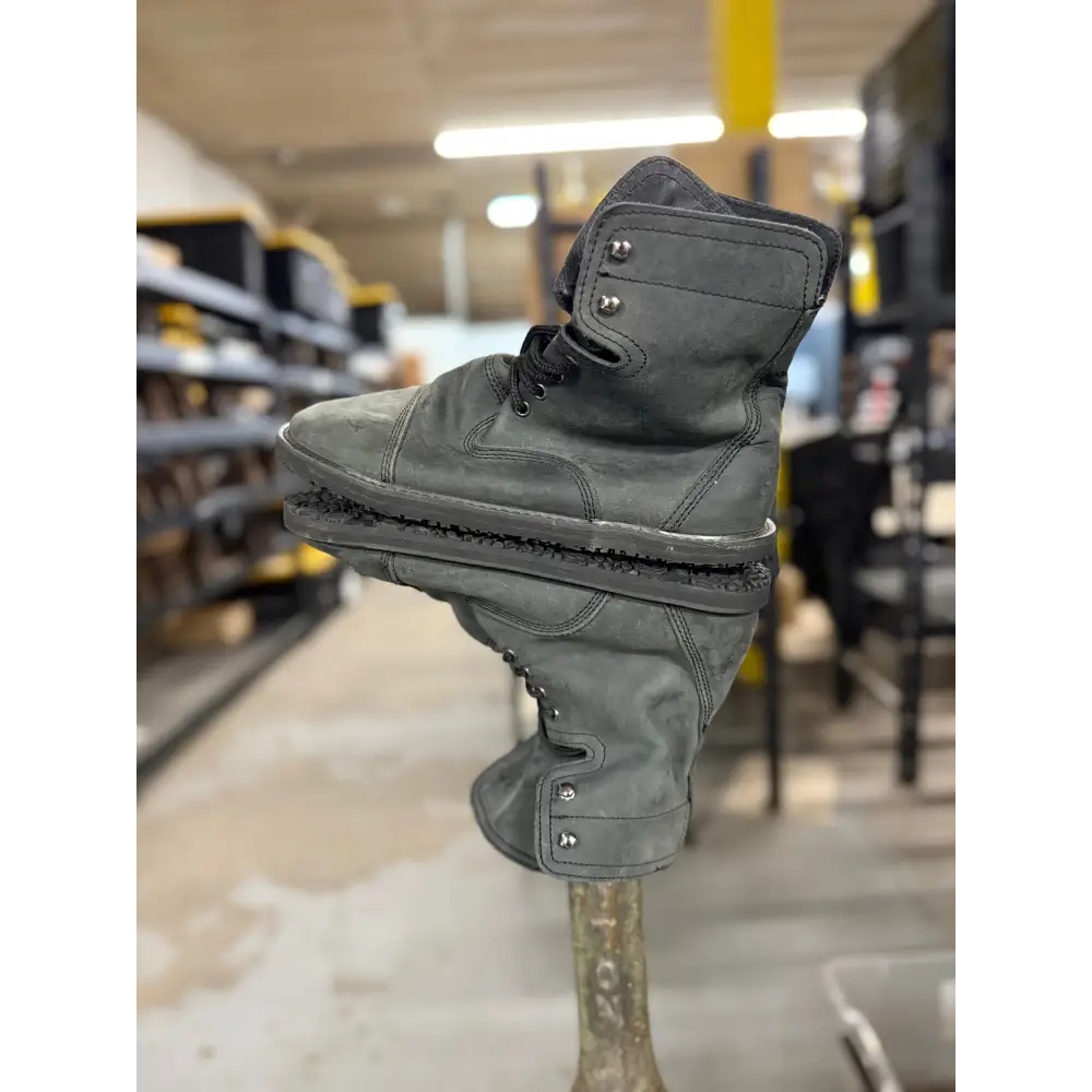 Dark gray suede combat boot from Barely Used Footwear, minor imperfections