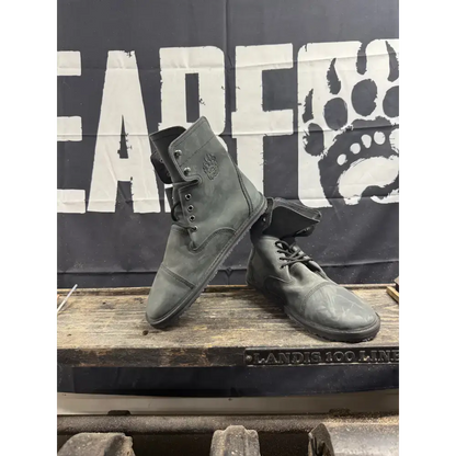 Dark gray leather work boots from Bearly Used Footwear, rugged design with reinforced toes