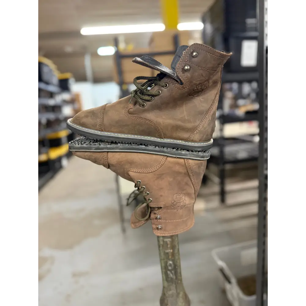 Brown suede work boot with green laces from Barely Used Footwear, minor imperfections
