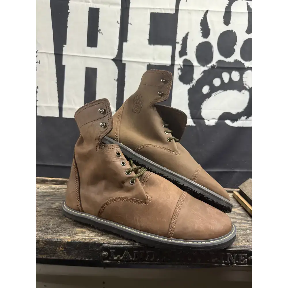 Tan suede high-top boots with olive laces, black sole from Barely Used Footwear