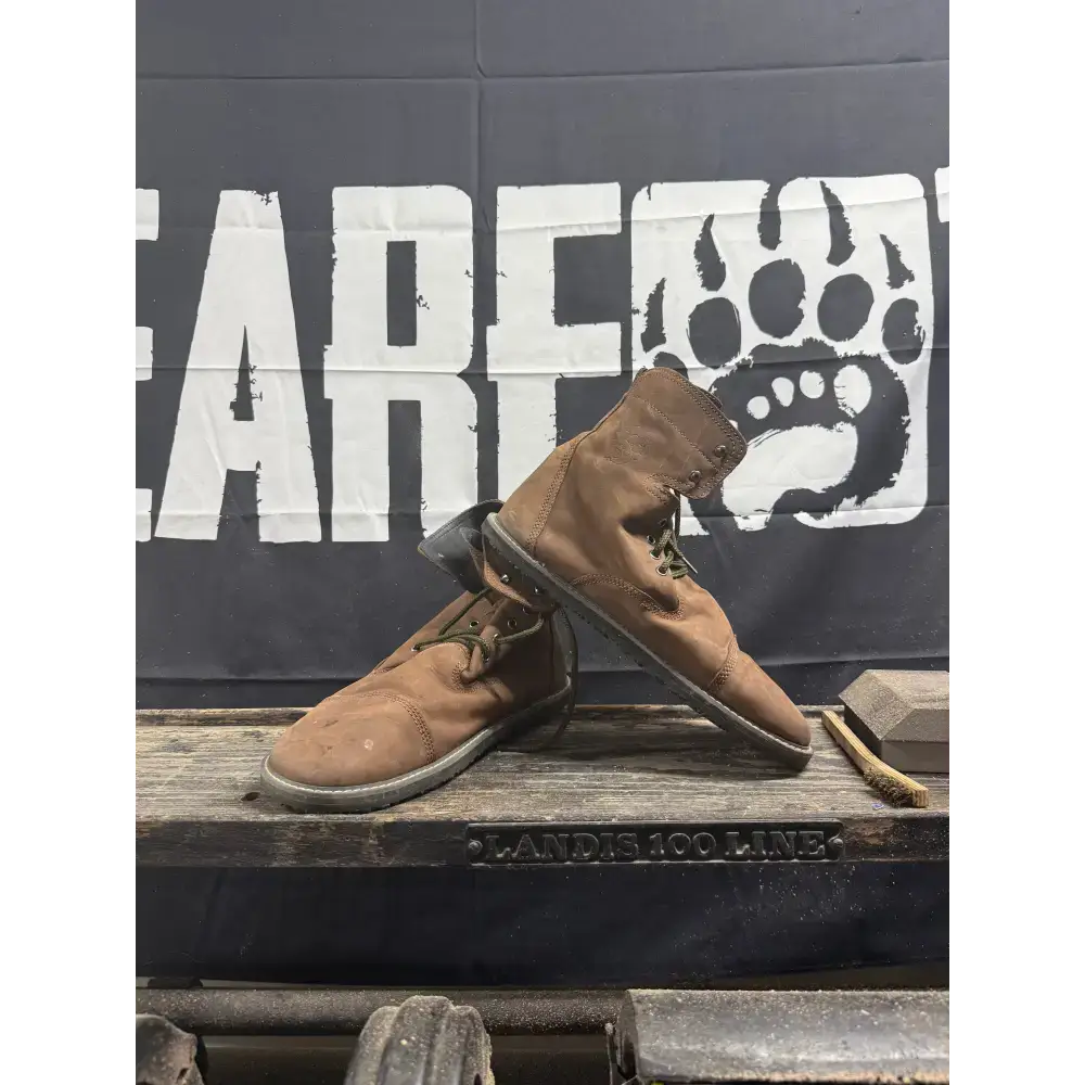 Brown suede lace-up work boots from Bearly Used Footwear with minor imperfections