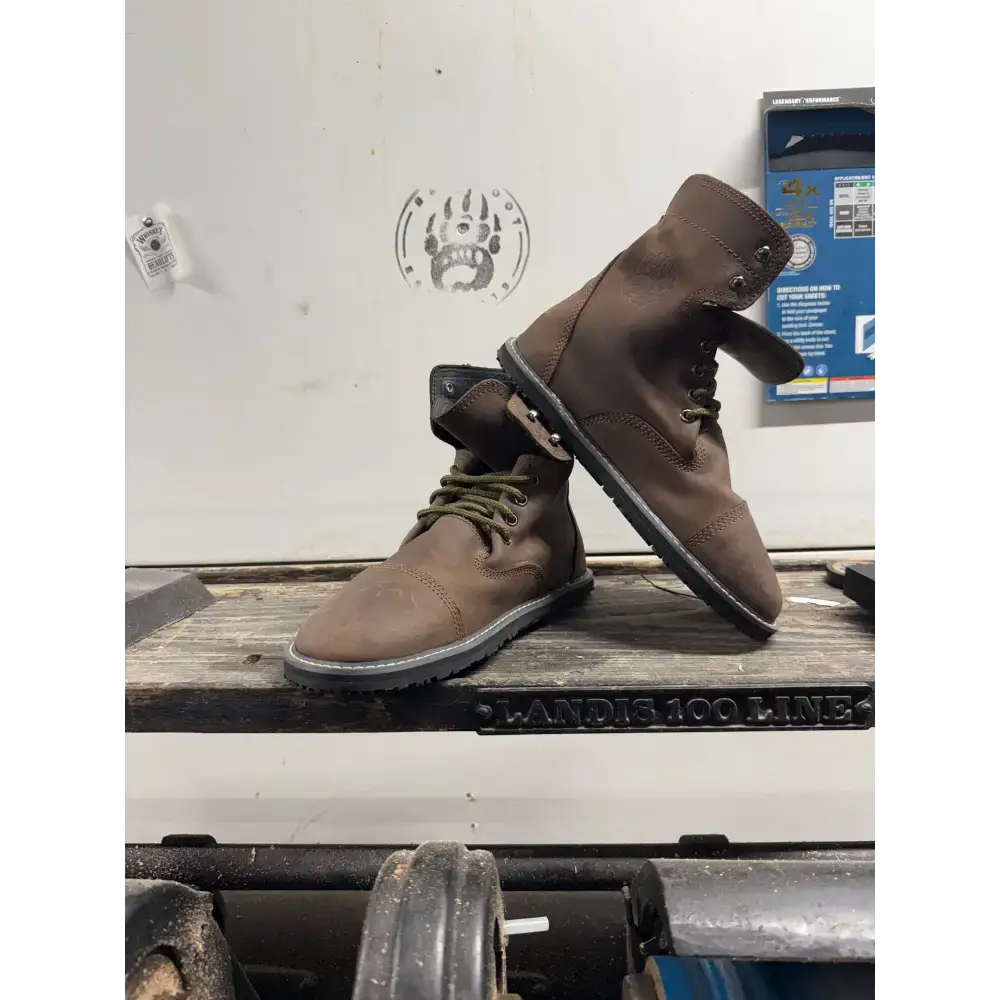 Bearly Used Footwear brown leather work boots with green laces, minor imperfections