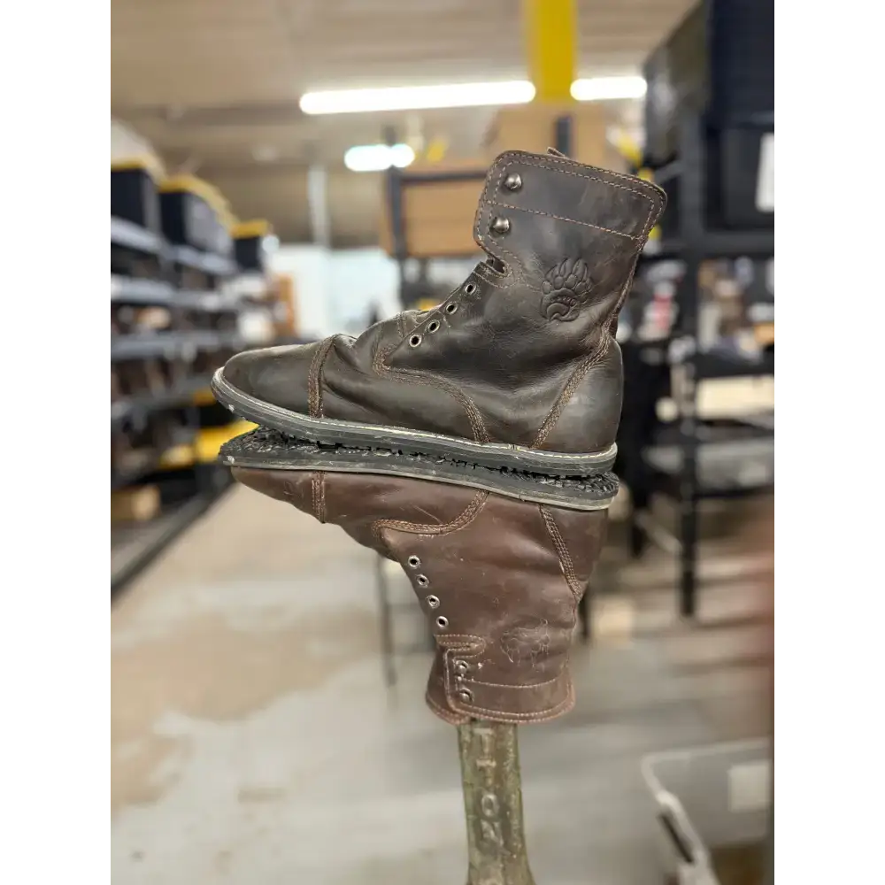 Dark brown leather work boot with stitched toe cap, minor imperfections, Barely Used Footwear