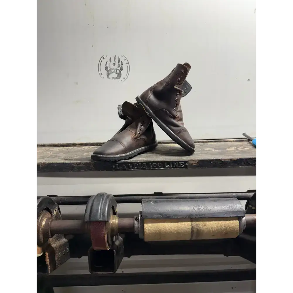 Dark brown leather work boots with stitching, eyelets from Barely Used Footwear