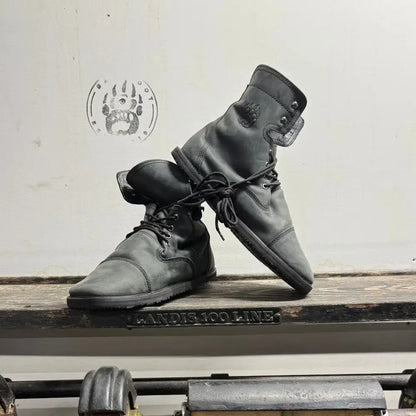 Dark gray leather work boots with minor imperfections from Barely Used Footwear