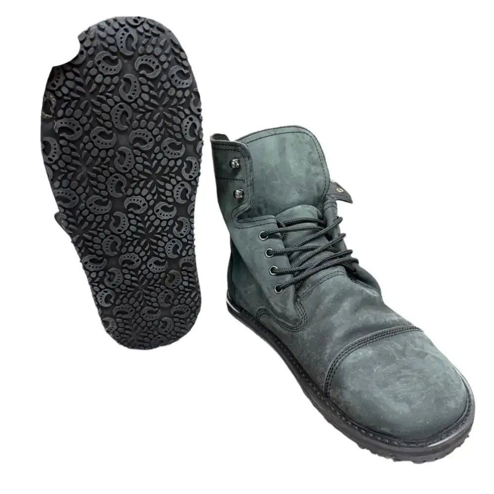 Dark green suede combat boot from Barely Used Footwear with minor imperfections