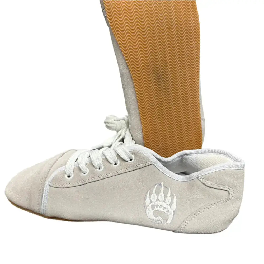 Light gray suede dance shoe with paw print logo from Barely Used Footwear