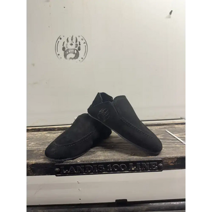 Black suede slip-on shoes from Bearly Used Footwear with minor imperfections