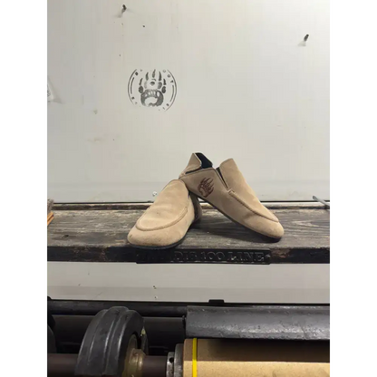 Beige suede slip-on loafers from Barely Used Footwear with minor imperfections