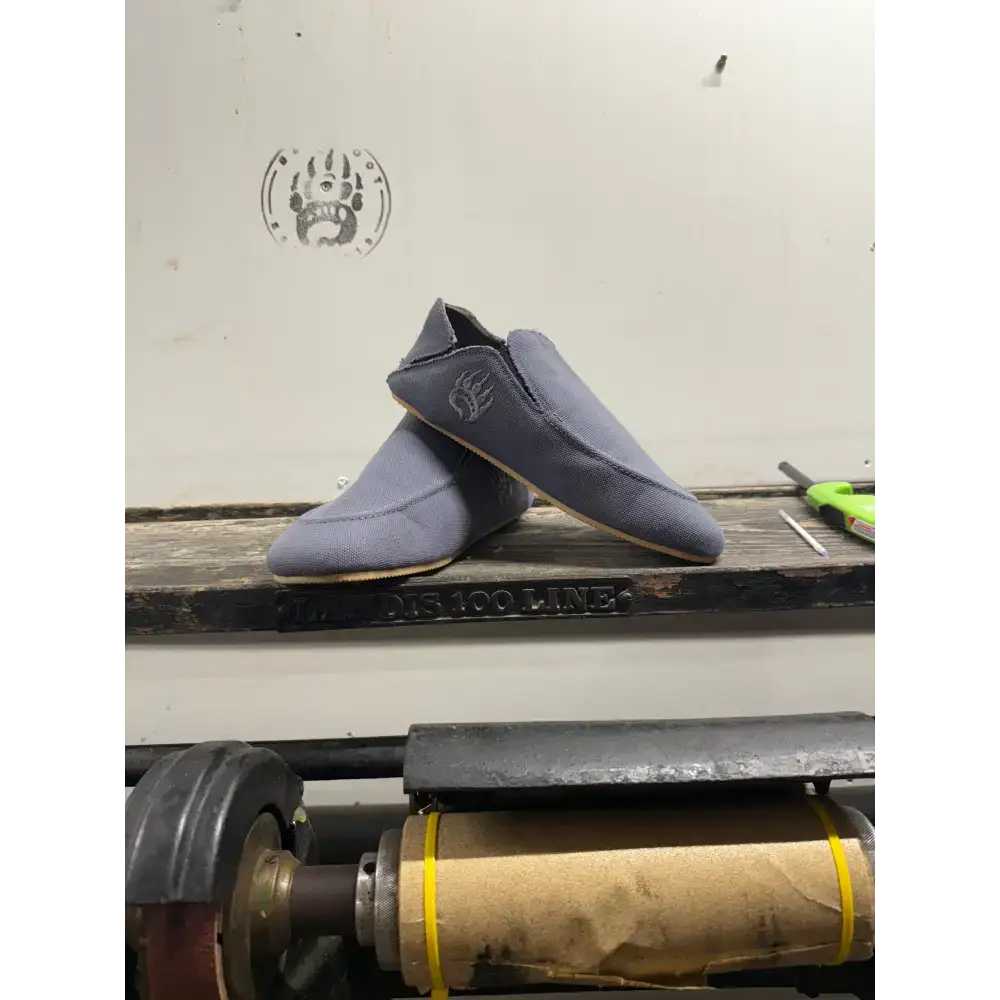 Gray canvas slip-on shoes with paw print from Barely Used Footwear, minor imperfections