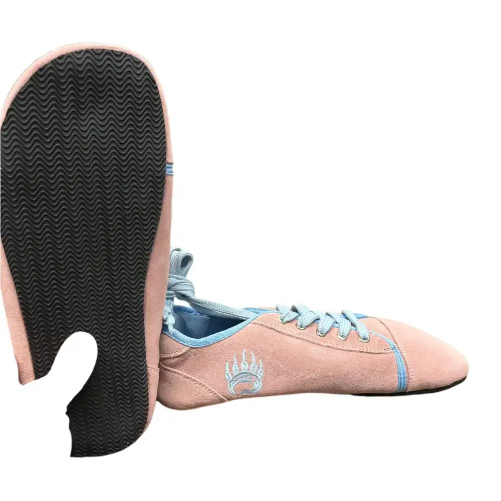 Pink suede dance shoe with blue laces, paw logo, minor imperfections, Barely Used Footwear