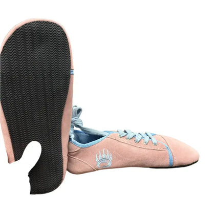 Pink suede dance shoe with blue laces, paw logo, minor imperfections, Barely Used Footwear