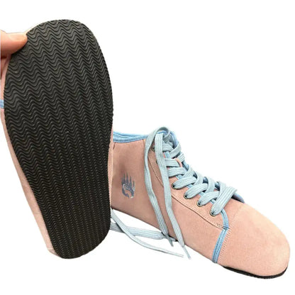 Pink suede high-top sneaker from Barely Used Footwear with minor imperfections