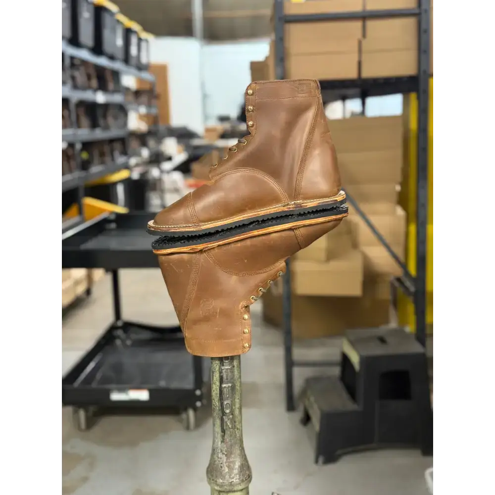 Tan leather high-top work boot from Barely Used Footwear, minor imperfections