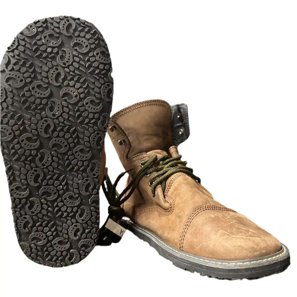 Tan suede ankle boot with olive laces, black paisley sole for Barely Used Footwear