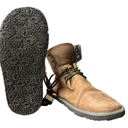 Tan suede ankle boot with olive laces, black paisley sole for Barely Used Footwear