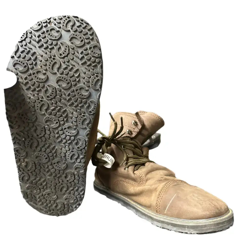 Tan suede high-top boot with olive laces, paisley sole from Barely Used Footwear