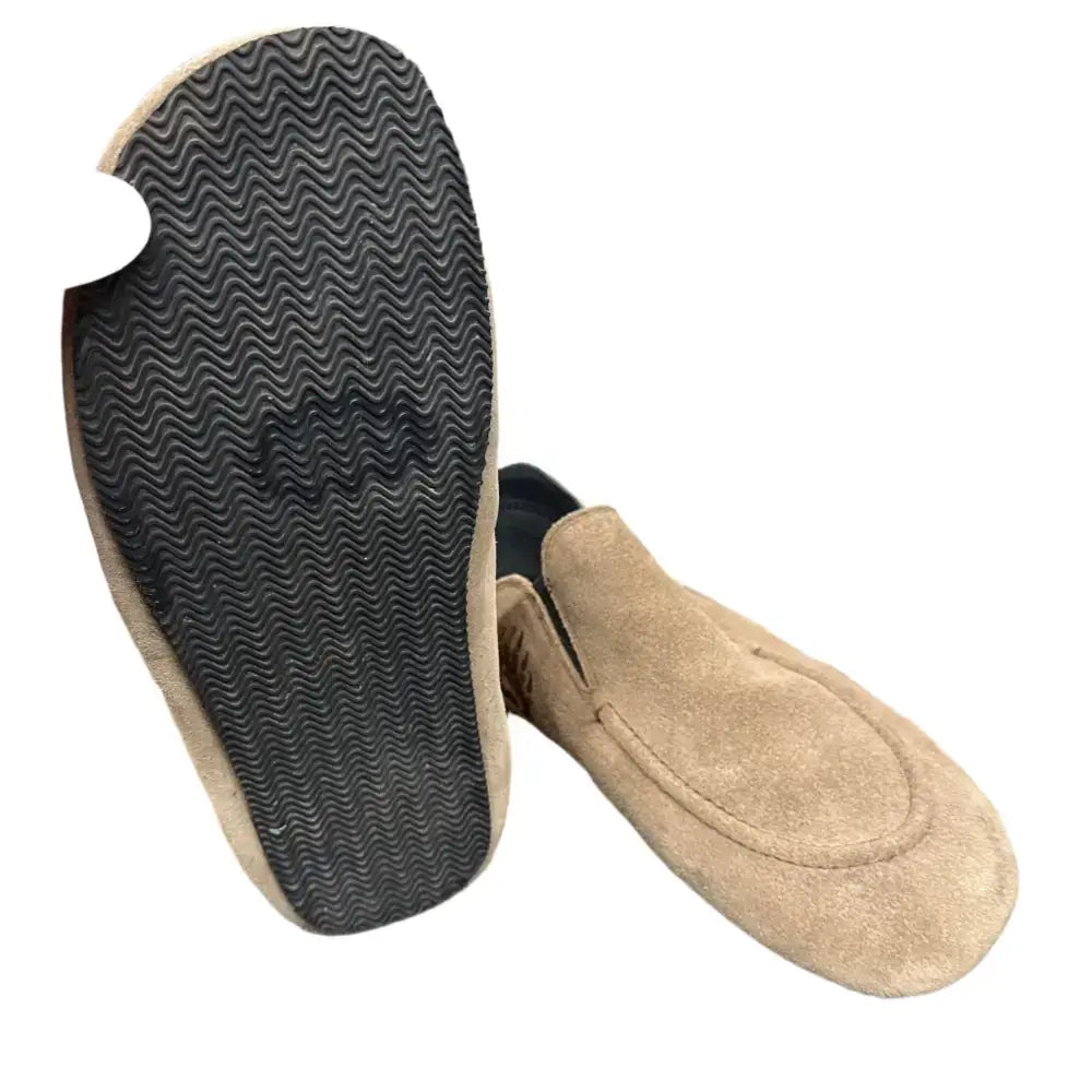 Tan suede slip-on loafer with black wavy sole, Bearly Used Footwear, minor imperfections