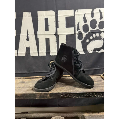 Black suede high-top sneakers from Bearly Used Footwear with minor imperfections
