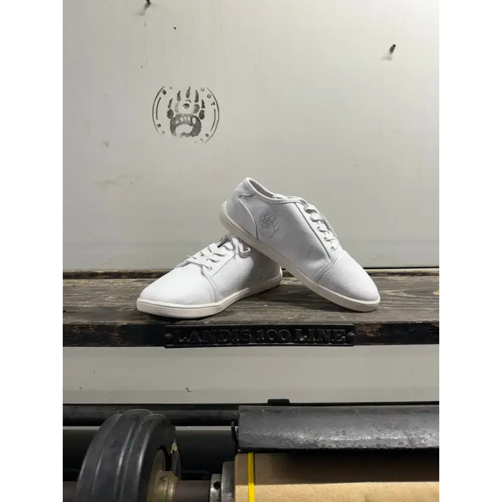 White canvas sneakers with subtle embroidered logo, Barely Used Footwear minor imperfections
