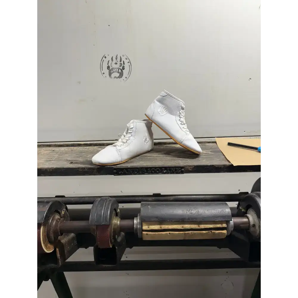 White high-top leather boxing shoes with minor imperfections from Barely Used Footwear