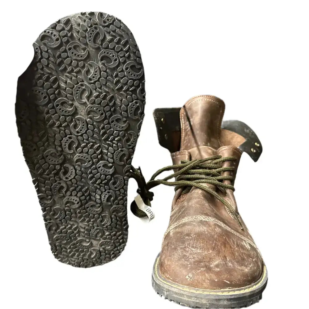 Bearly Used Footwear worn brown leather boot with green laces, minor imperfections