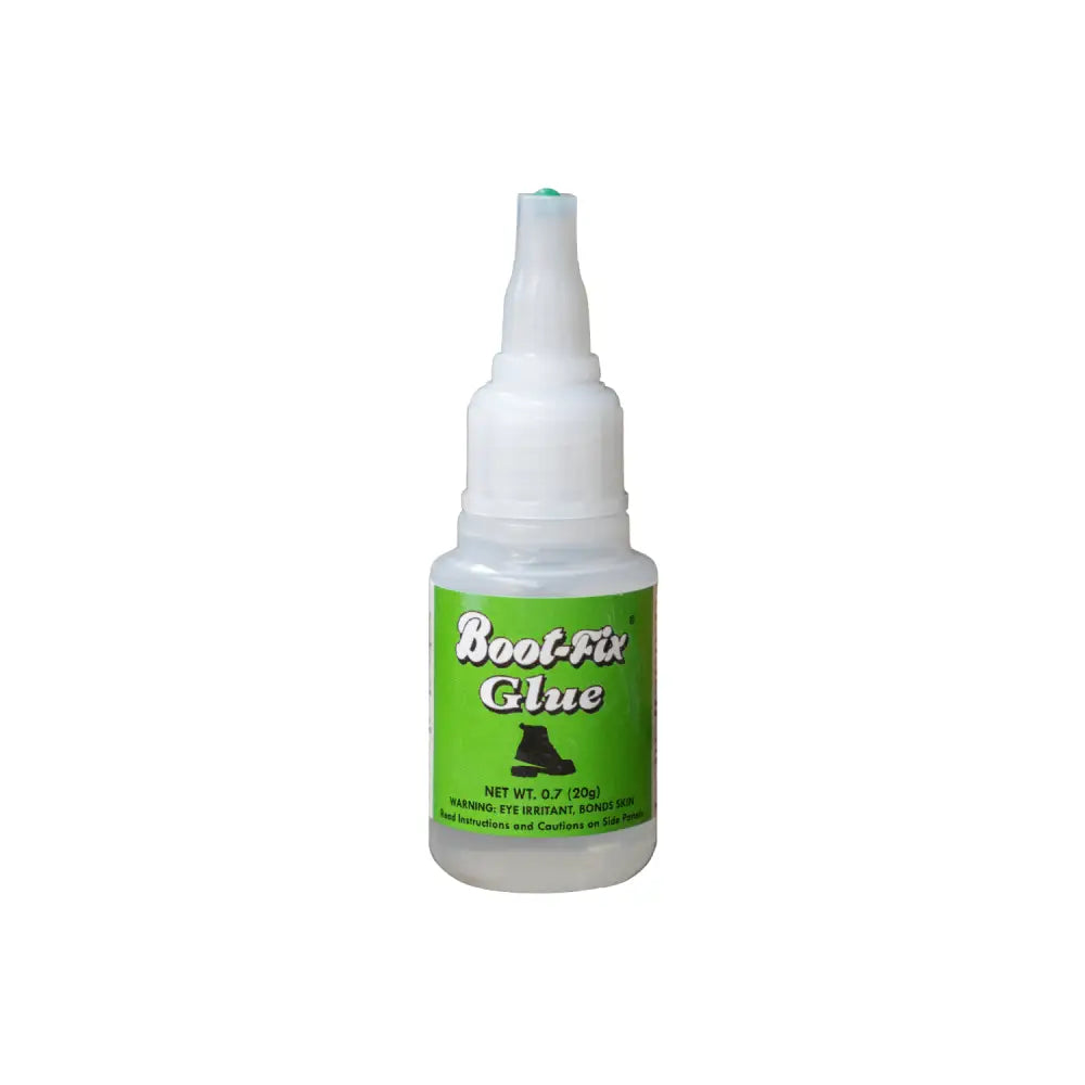 Boot-Fix Glue bottle with green label, white cap, 0.7 oz net weight