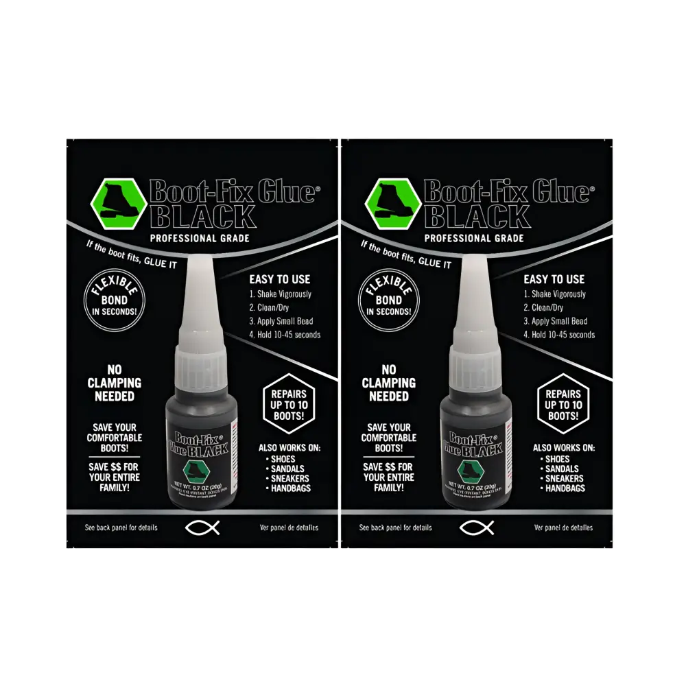 Black Boot-Fix shoe-fix glue bottle with white nozzle, green logo, Amazon listing