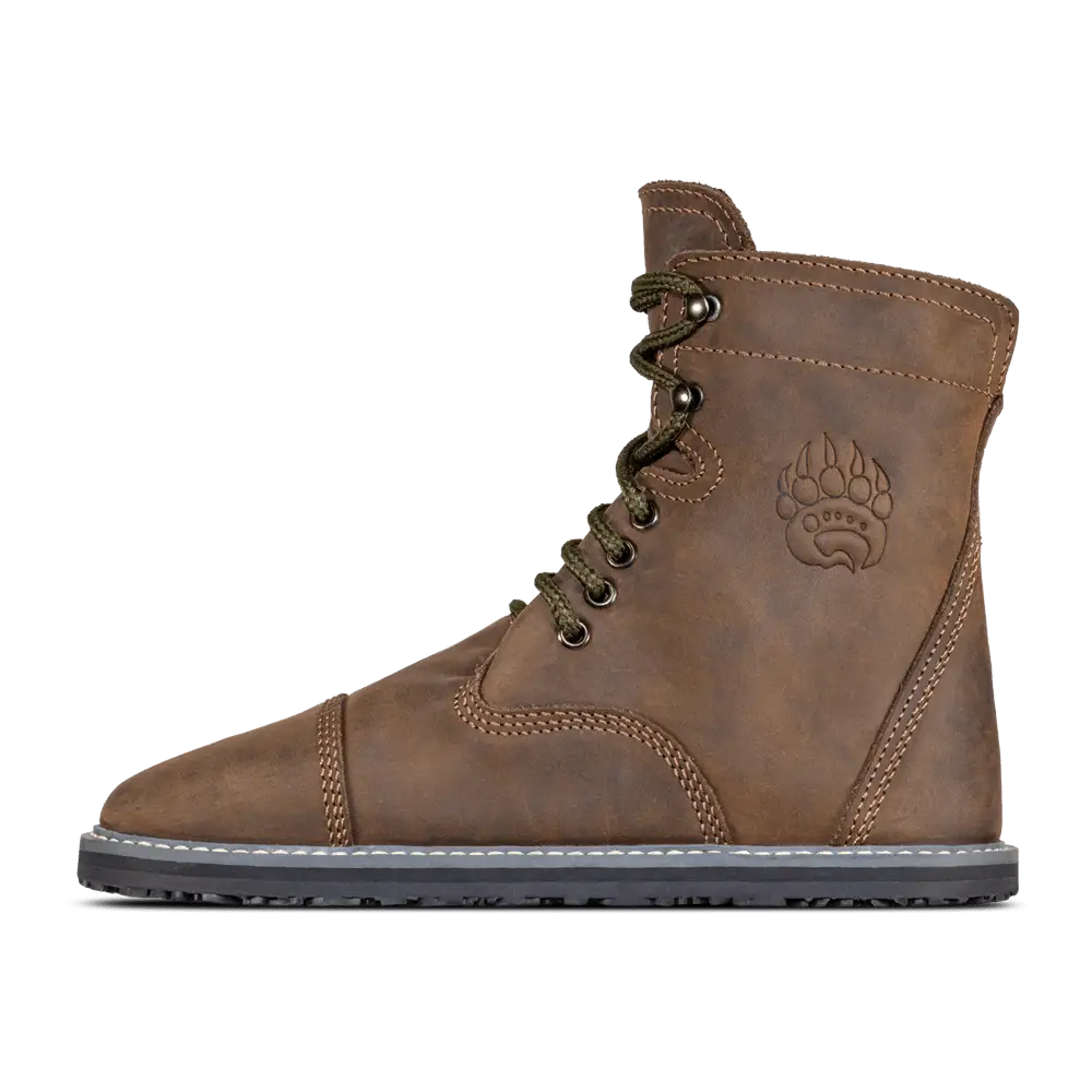 Bruin Kodiak Brown barefoot boot with wide toe-box, tan leather lace-up and paw print design