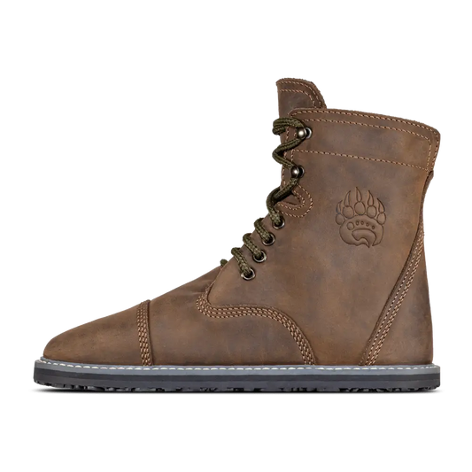 Bruin Kodiak Brown barefoot boot with wide toe-box, tan leather lace-up and paw print design